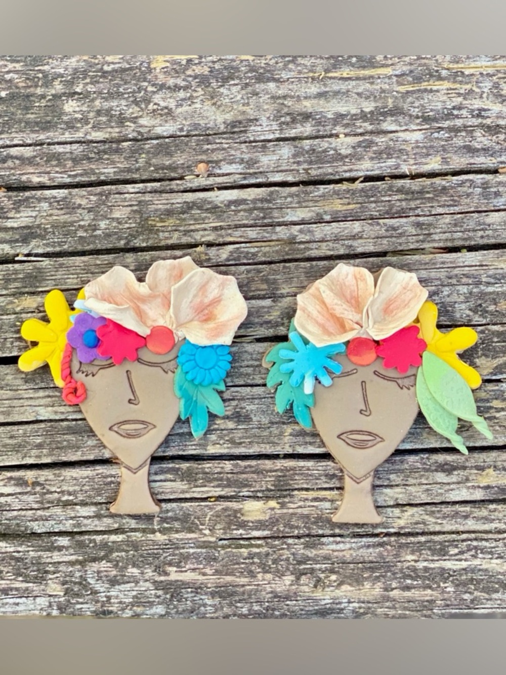Handcrafted Artisan Beige Floral Face Drop Earrings with Multicolor Accents
